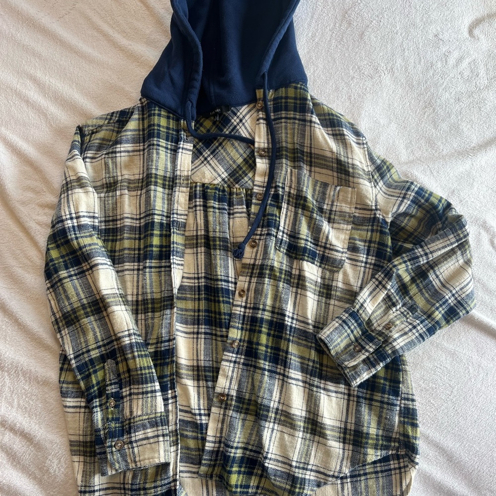 Plaid Flannel Shirt with Navy Hood